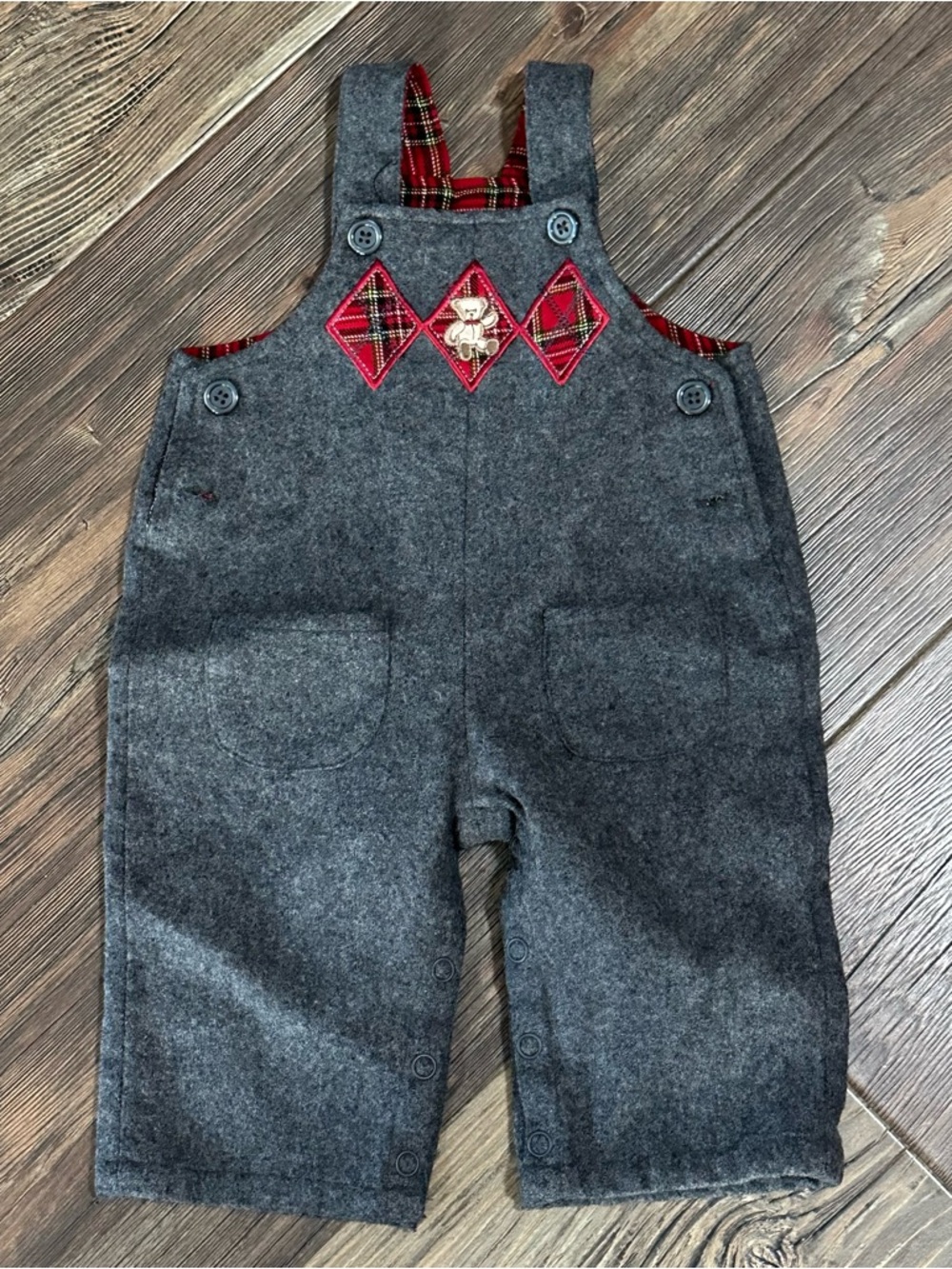 Children’s Place wool blend gray overalls with red plaid argyle Teddy Bear 0-3 m